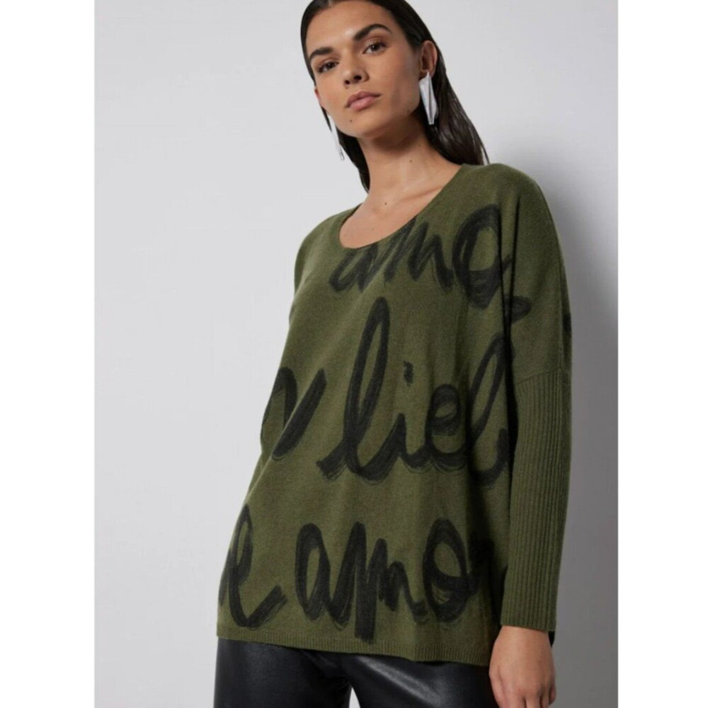 Elliott Lauren Olive Green Script Print Pullover Sweater - Medium